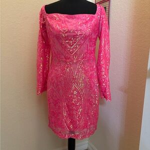 Fashion Nova Hot Pink Sequin Long-Sleeve Dress